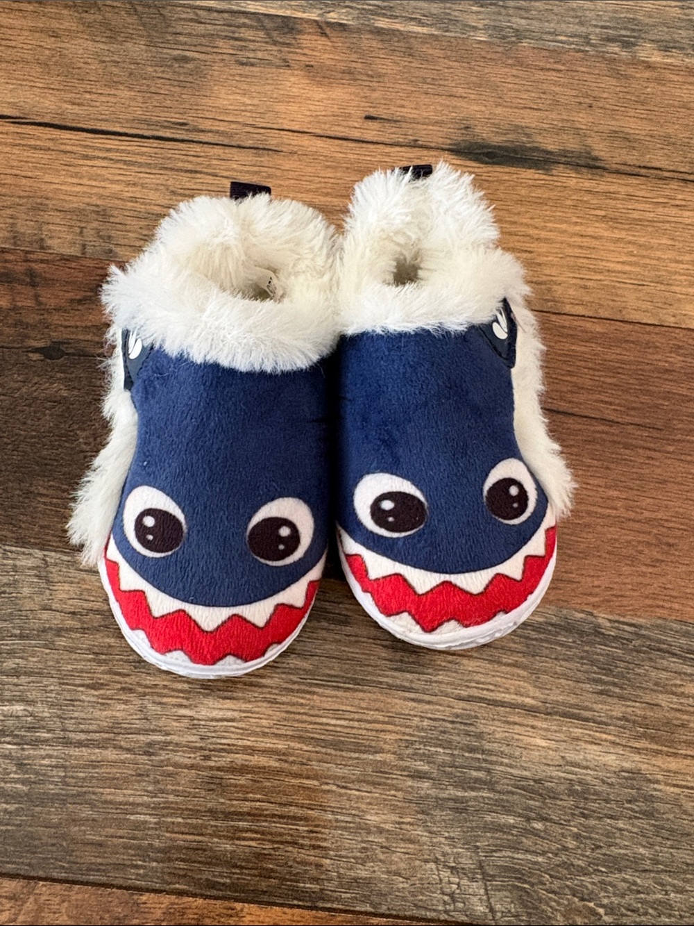 Blue Shark Plush Baby Slippers with White Faux Fur Trim